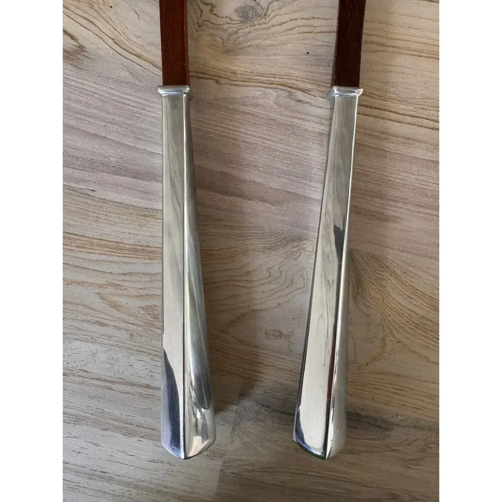 VINTAGE Lenox Salad Serving Utensils Spoon & Fork Set Tongs Wooden Silver Handle